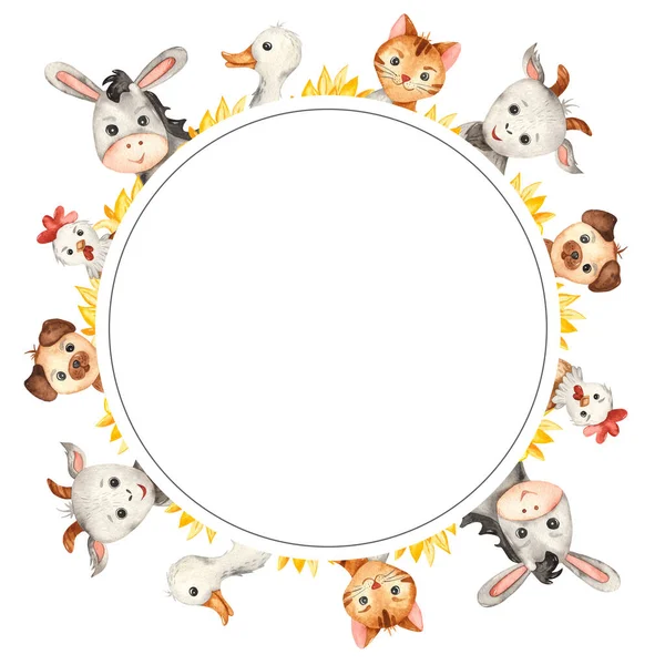 Farm animals, goose, goat, donkey, cat, dog, rooster. Watercolor hand drawn round frame for kids