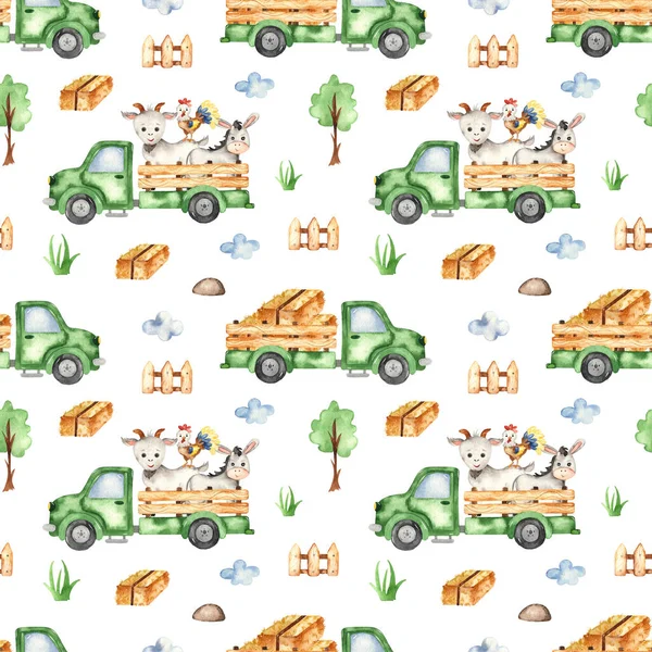 Farm truck, hay, farm animals, tree on a white background. Watercolor seamless pattern for kids