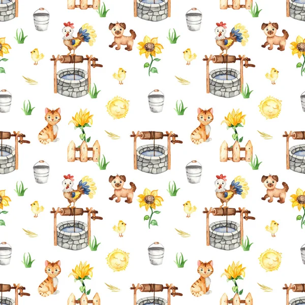 Well, bucket, cat, dog, rooster, sunflower on a white background. Watercolor seamless pattern for kids