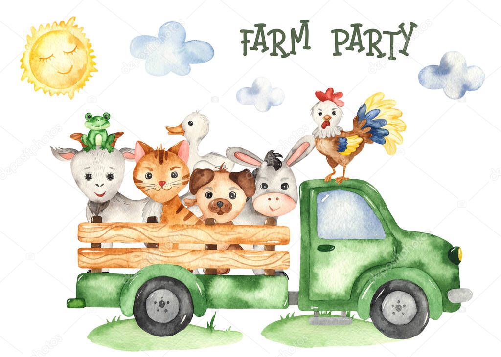Farm animals donkey, goose, chicken, frog, rooster in a farm truck. Watercolor hand drawn card for kids