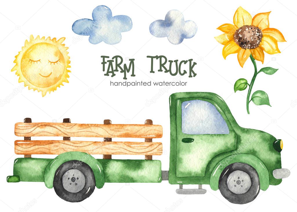 Farm truck, sunflower, sun, clouds. Watercolor hand drawn farm clipart for kids