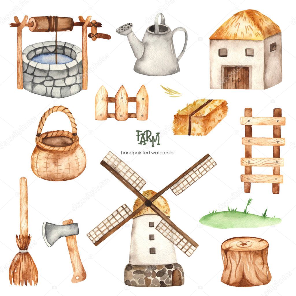 Well, mill, barn, stairs, ax, watering can, fence, basket, broom. Farm watercolor hand drawn clipart for kids