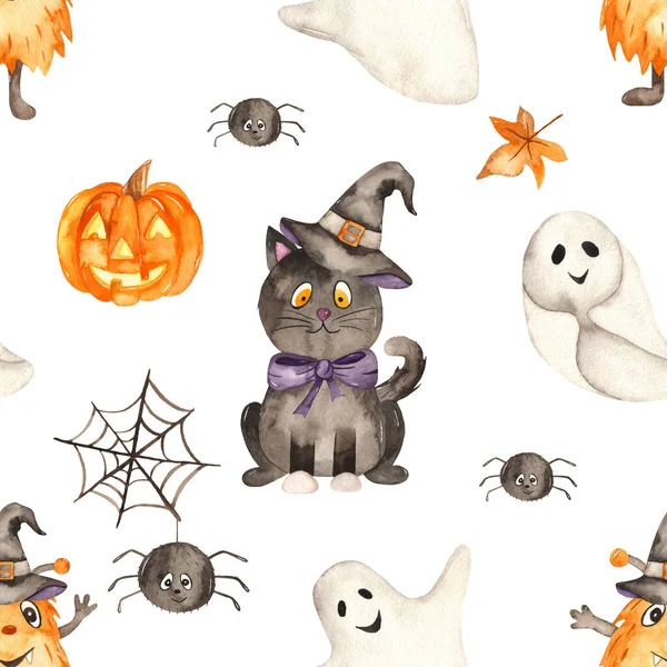 Black cat, spider, monster, pumpkin, hat on a white background. Halloween watercolor seamless pattern