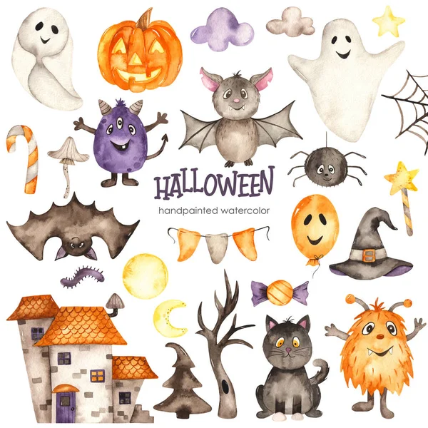 Black cat, ghosts, pumpkin, hat, monsters, house, bat, spider. Halloween watercolor set. Kids character clipart