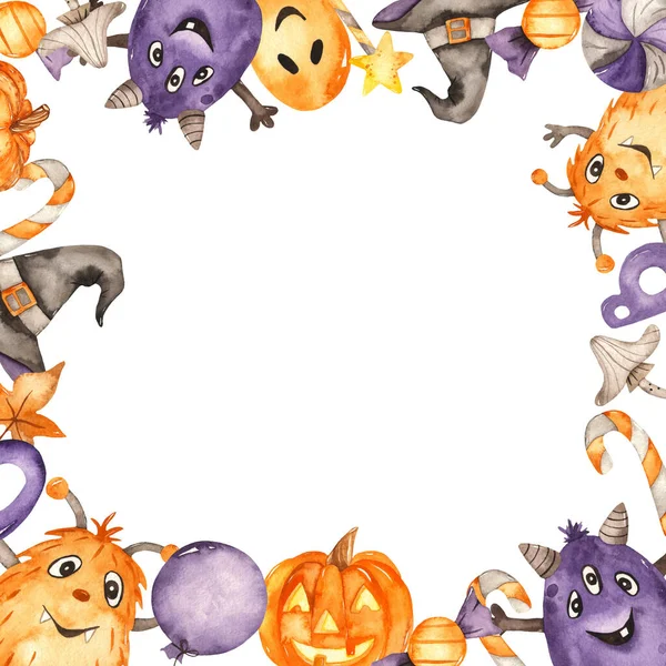 Monster Süßigkeiten Luftballons Hexenhut Aquarell Handgezeichneter Quadratischer Rahmen Für Kinder — Stockfoto