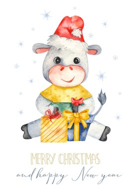 Hediyeleri ve Noel Baba şapkası olan şirin bir boğa. 2021 sembollü suluboya Noel kartı.