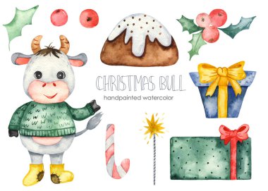Tatlı Noel boğası, Noel pastası, hediyeler, şekerler. Suluboya el çizimi Clipart