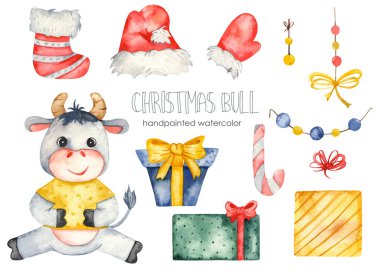 Şirin Noel boğası, hediyeler, Noel Baba şapkası, çorap, eldivenler. Suluboya el çizimi Clipart