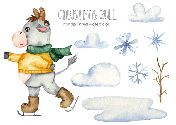 Cute Christmas Łyżwiarstwo Byk Lód Płatki Śniegu Chmury Akwarela Ręcznie — Zdjęcie stockowe