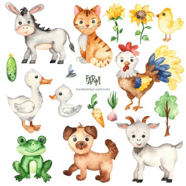 Çiftlik hayvanları eşek, keçi, kedi, köpek, kurbağa, kaz, horoz, tavuk, ayçiçeği, ağaç. Çocuklar için suluboya el çizimi Clipart