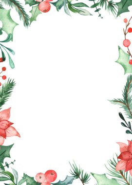 Ladin dalları, çam, kutsal çiçekler, yapraklar, böğürtlenler. Suluboya Noel dikdörtgen çerçevesi
