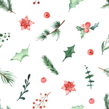 Holly, böğürtlen, ladin dalları, çam, kutsal çiçek, beyaz arka planda yapraklar. Suluboya kusursuz Noel deseni