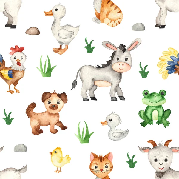 Farm animals, donkey, goat, rooster, goose on a white background. Watercolor seamless pattern for kids