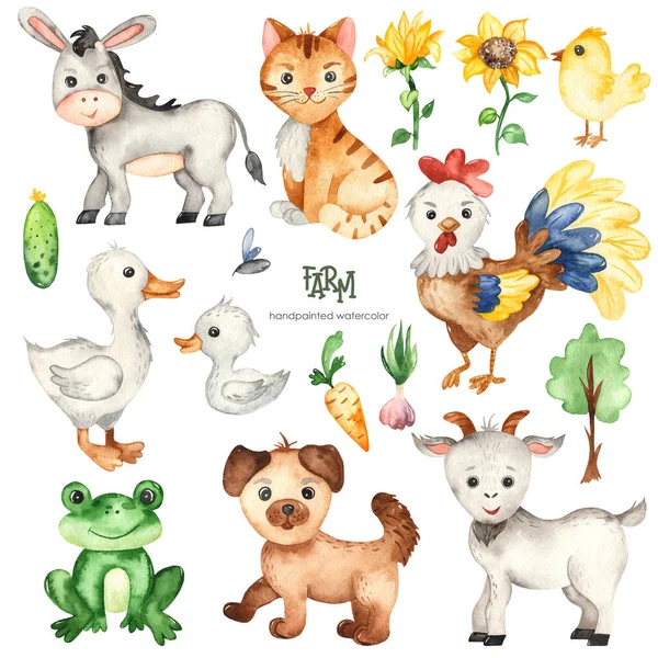 Farm animals donkey, goat, cat, dog, frog, goose, rooster, chicken, sunflower, tree. Watercolor hand drawn clipart for kids