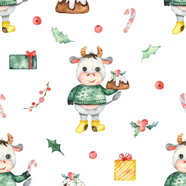 今年的象征 可爱的公牛与糖果 冬青的白色背景 水彩画无缝圣诞图案 — 图库照片