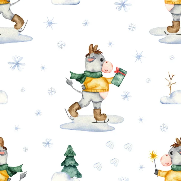 今年的象征是一头白色背景的可爱的滑冰公牛 水彩画无缝圣诞图案 — 图库照片