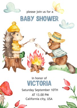 Kirpi, kamp ateşi çubuklarda marşmelov olan bob yiyeceği. Suluboya harita kamp bebek partisi