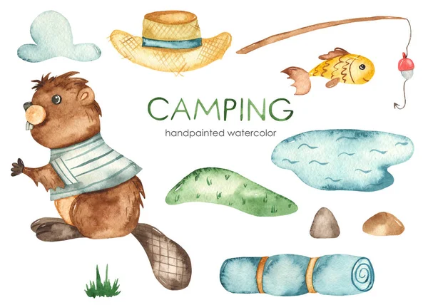 Słodki Bóbr Wędka Staw Ryba Kapelusz Wzgórze Camping Akwarela Clipart — Zdjęcie stockowe