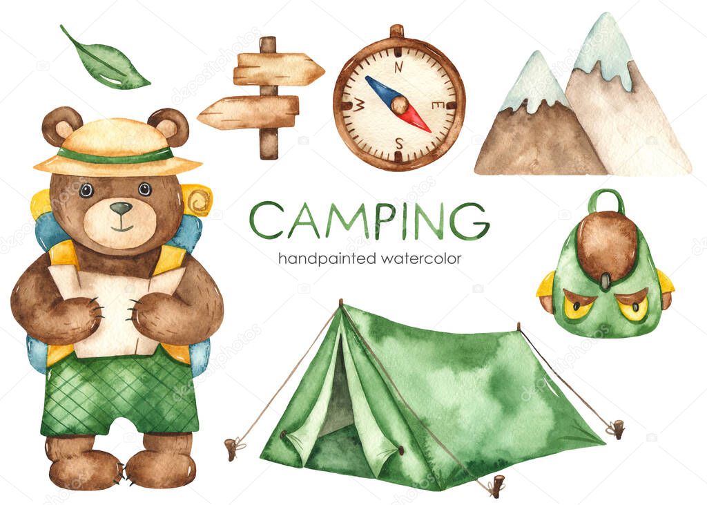 Cute bear traveler, tent, pointer, compass, backpack. Camping watercolor clipart
