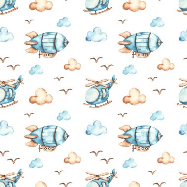 Hava gemisi, helikopter, beyaz arkaplanda bulutlar. Erkekler için suluboya kusursuz boho deseni