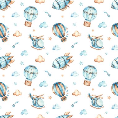 Helikopter, hava gemisi, balonlar, beyaz arkaplanda bulutlar. Erkekler için suluboya kusursuz boho deseni