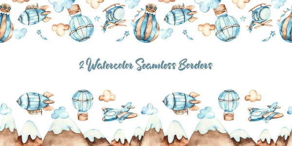 Aircraft Boys Watercolor Seamless Borders Boho Style — Stock Photo, Image