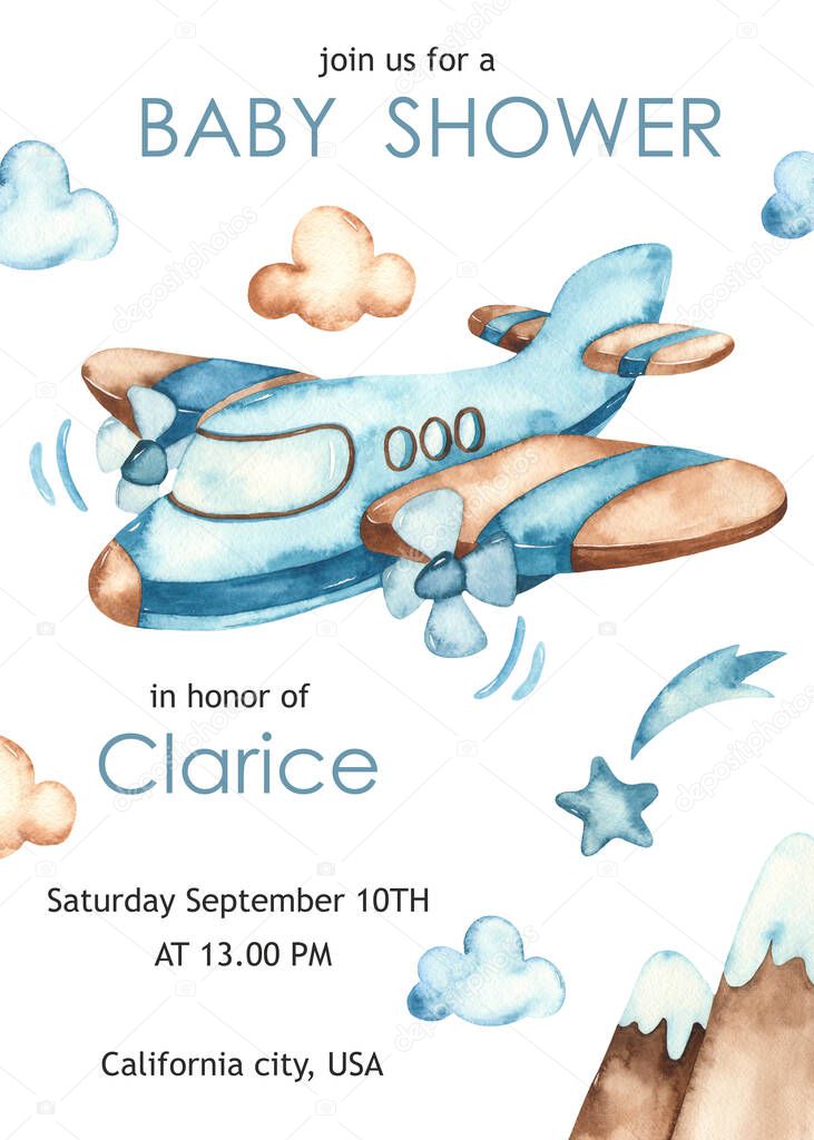 Airplane, clouds, mountains, stars. Watercolor baby shower for boys