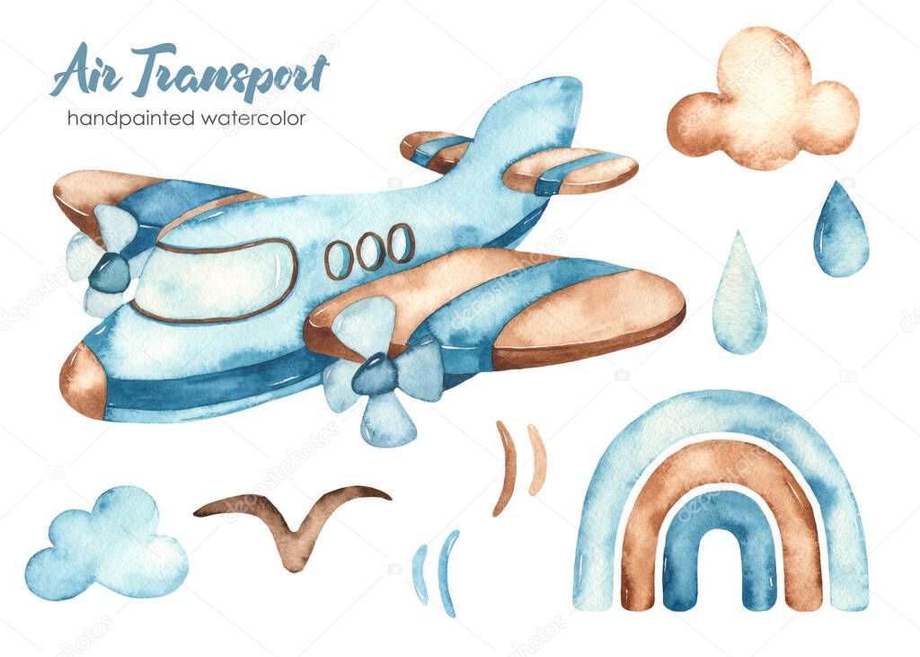 Airplane, rainbow, rain, clouds, bird. Watercolor clipart air transport