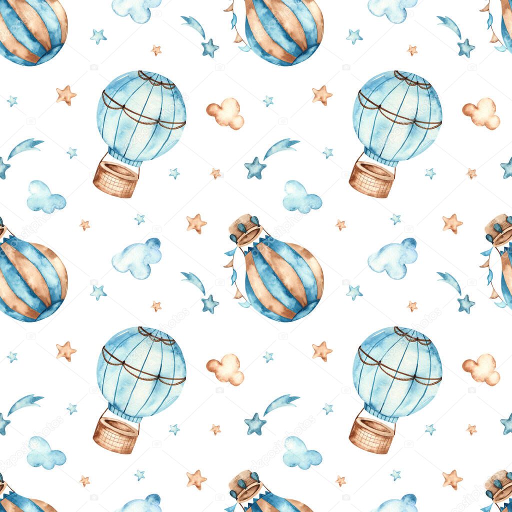 Hot air balloons, stars, clouds on a white background. Watercolor seamless boho pattern for boys