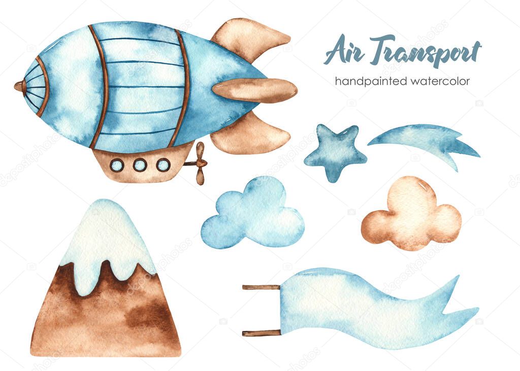 Airship, clouds, mountain, star. Watercolor clipart of air transport