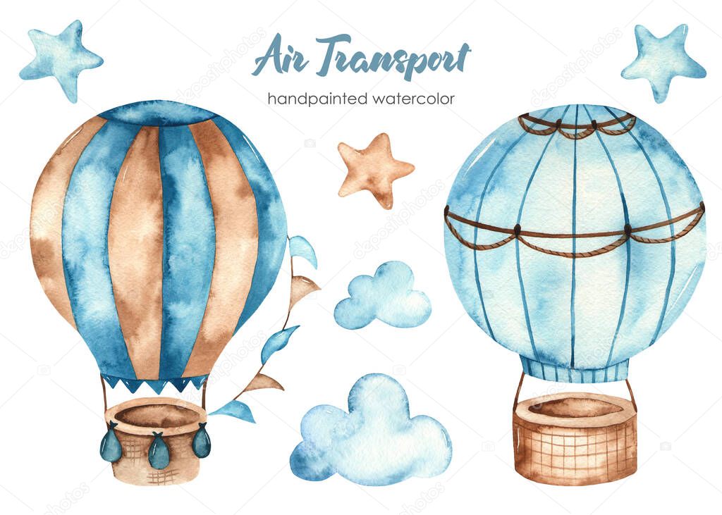Hot air balloons, clouds and stars. Watercolor clipart of air transport