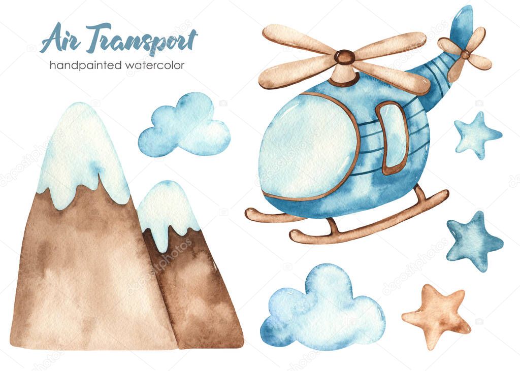 Helicopter, mountains, clouds and stars. Watercolor clipartof air transport