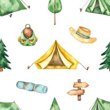 Çadır, çam ağacı, sırt çantası, işaret, halı. Beyaz arkaplanda suluboya desenli kamp yapmak