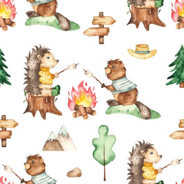 Ateşin yanında kunduz ve kirpi, beyaz arka planda çubuklarda marşmelov var. Suluboya kusursuz kamp düzeni