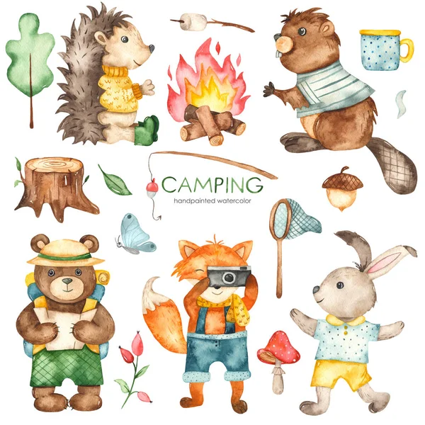 Biber Kaninchen Fuchs Bär Igel Camping Aquarell Cliparts — Stockfoto