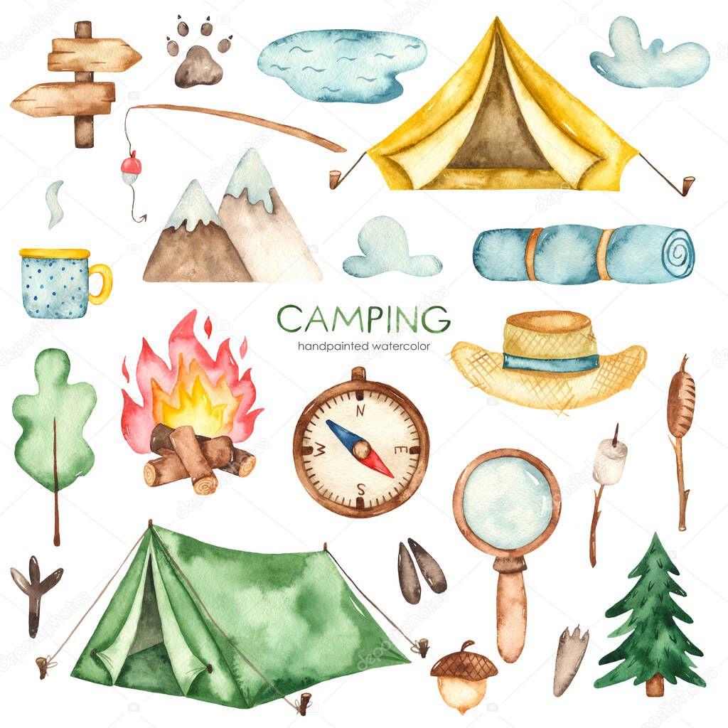 Tent, bonfire, fishing rod, hat, tourist rug, compass, magnifying glass, pointer. Camping watercolor clipart