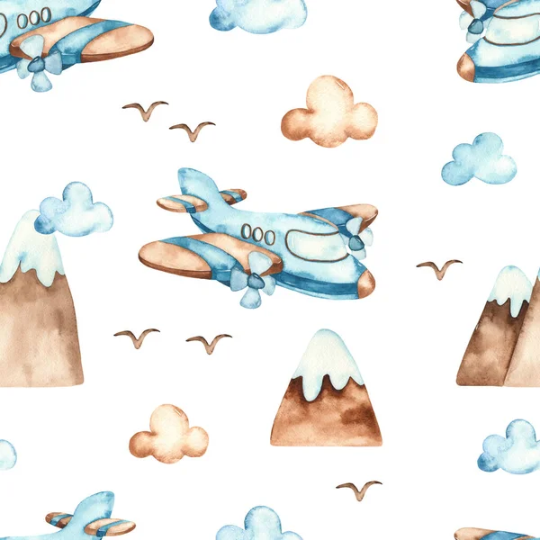 Airplane, mountains, clouds on white background. Watercolor boho seamless pattern for boys