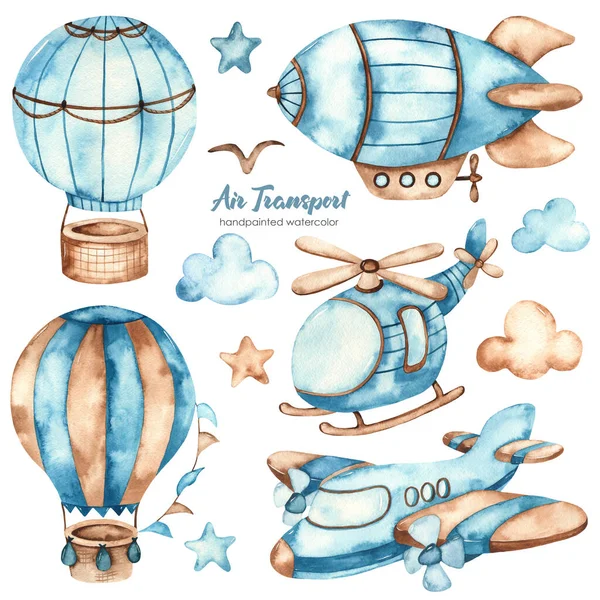 Avion Dirigeable Ballon Aérien Hélicoptère Aquarelle Clipart Transport Aérien — Photo