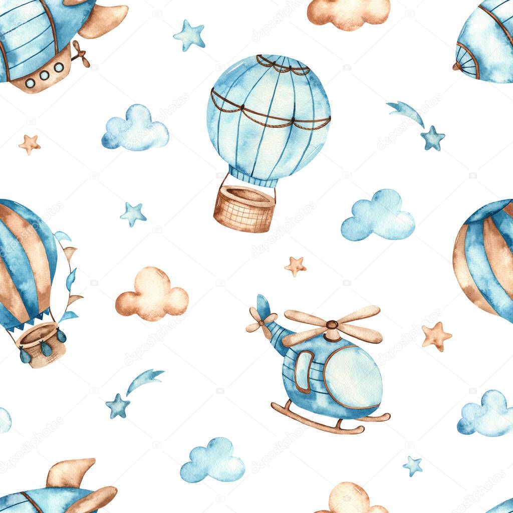Helicopter, airship, balloons, clouds on white background. Watercolor seamless boho pattern for boys