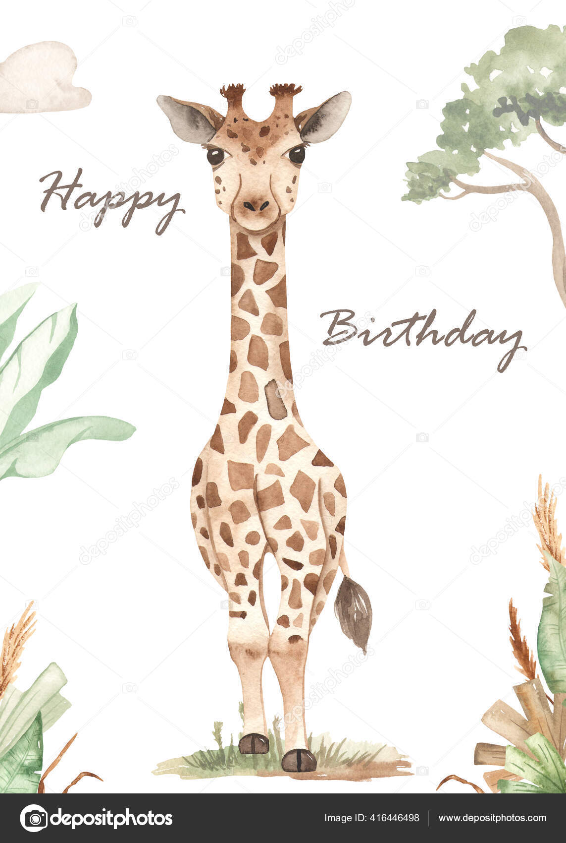 Cute Animal Giraffe Illustration Savanna Watercolor Happy Birthday ...