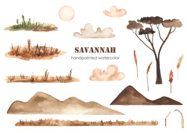 Dağlar, ağaç, bulutlar, kurumuş çiçekler suluboya inşaatçısı Savannah manzaraları