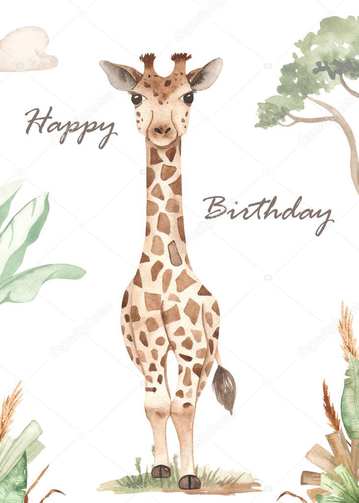 Cute animal giraffe, illustration, savanna watercolor happy birthday card