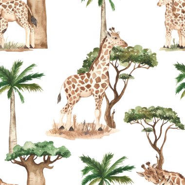 Zürafa ailesi, palmiye, akasya ağacı, baobab, savana suluboya desensiz 