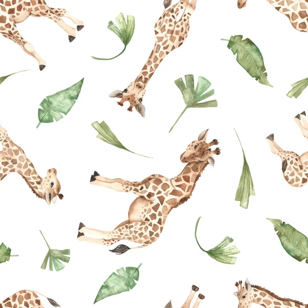 Cute giraffes and tropical leaves watercolor seamless multidirectional pattern 