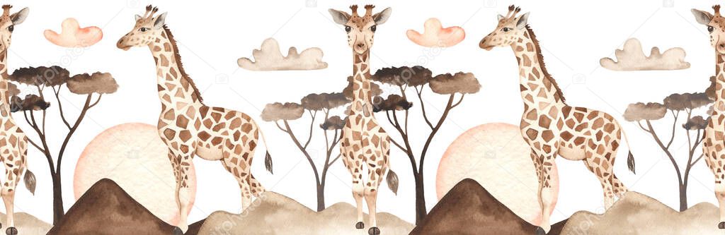 Giraffes in savannah at sunset with clouds, acacia, sun watercolor seamless border 