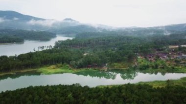 Fly Cam Drone 4k - Vietnam 'da çam ormanı ve yeşil göl