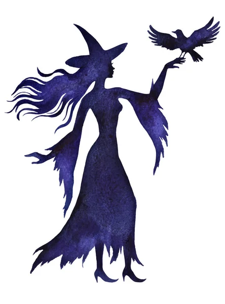Kuzgun ve suluboya vektör resimli cadının silueti — Stok Vektör