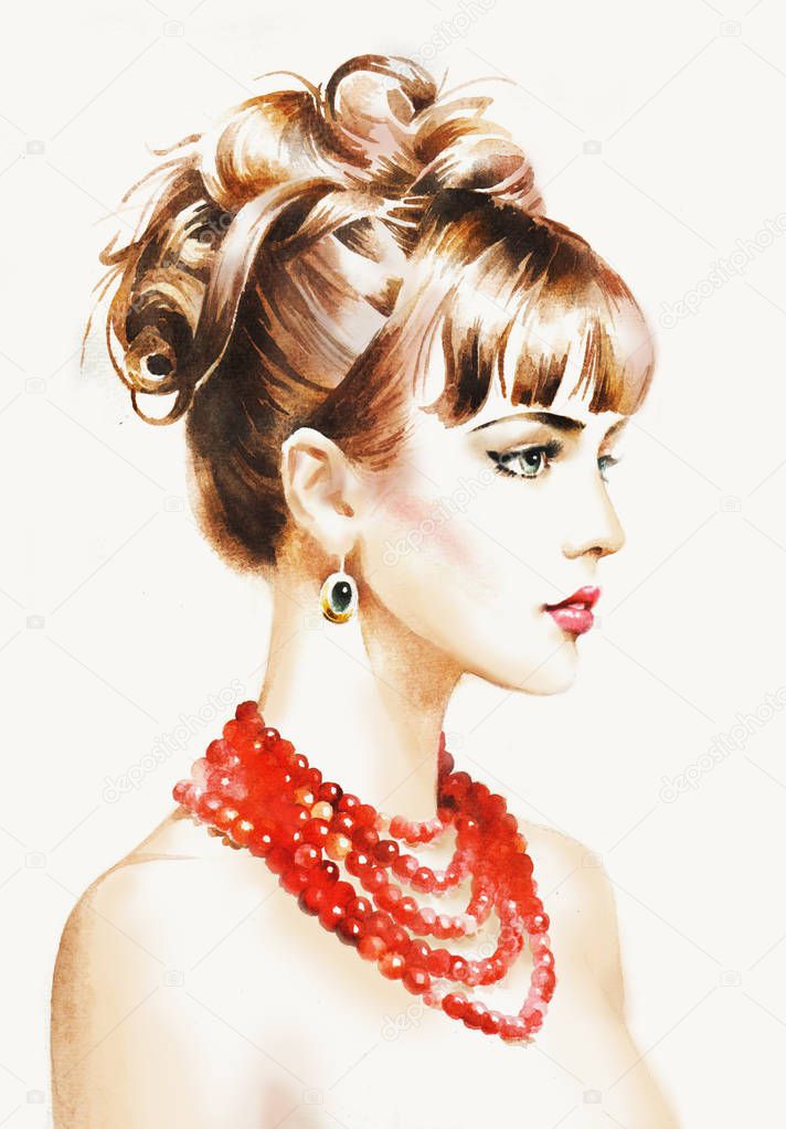 Watercolor hand paint women in red necklace in profile