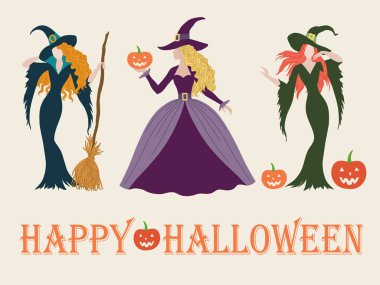 Cadılar Bayramı cadı kuzeni seti, vektör illüstrasyonu