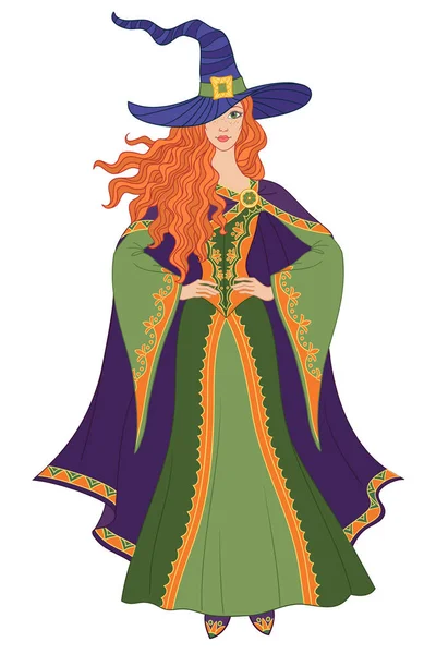 Wunderschöne Halloween-Hexe posiert im Vintage-Kleid im keltischen Stil — Stockvektor
